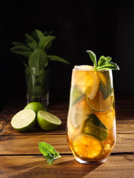 Refreshing ice tea with lemon lime and peppermint Copy space