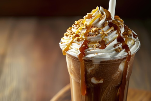 Refreshing iced coffee in a clear cup topped with whipped cream caramel sauce and chocolate sprinkles on a wooden table