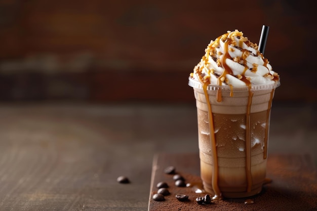 Refreshing iced coffee in a clear cup topped with whipped cream caramel sauce and chocolate sprinkles on a wooden table