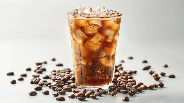 Refreshing Iced Coffee with Scattered Coffee Beans on White Background