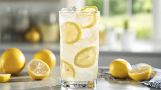 Photo refreshing iced lemonade with slices of lemon in a tall glass