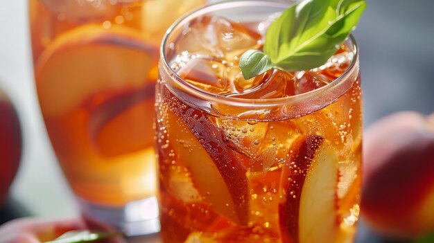 Photo a refreshing iced tea garnished with frozen peach slices and basil leave