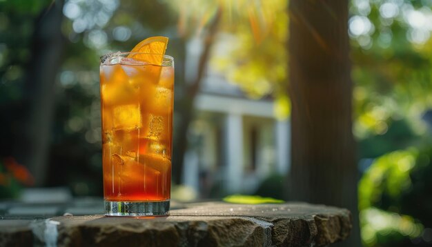 Photo refreshing iced tea with citrus garnish on a sunny day outdoors