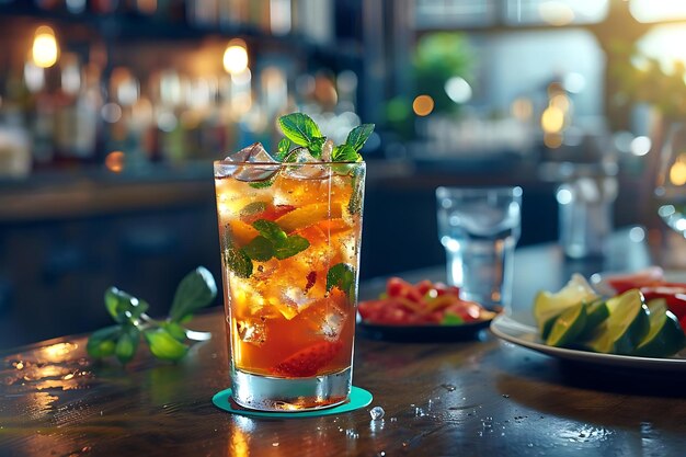 Refreshing Iced Tea with Mint and Citrus in a Glass on a Wooden Table Photo