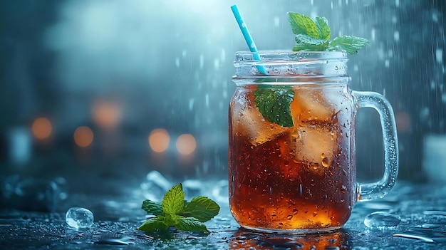 Photo refreshing iced tea with mint in mason jar photography