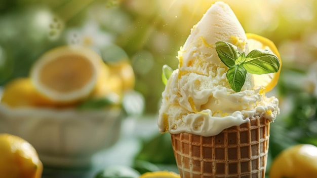 Refreshing Lemon and Basil Gelato Delight in Waffle Cone with Garden Background