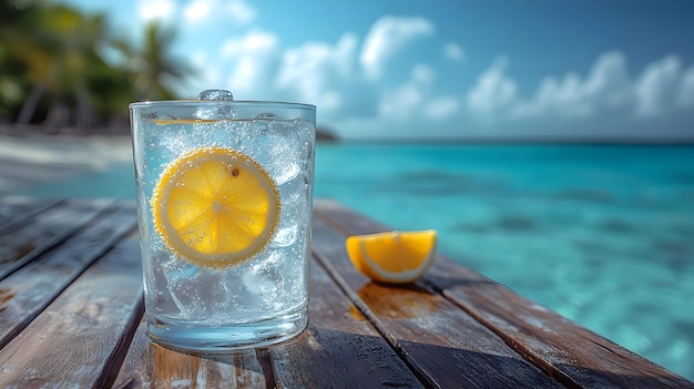 Photo refreshing lemon drink on a wooden table by the turquoise ocean photo