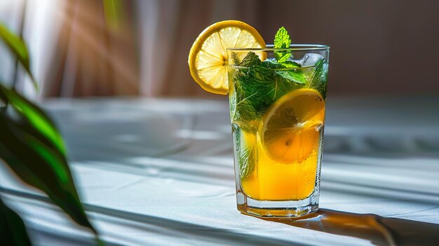 Refreshing lemon juice with mint and a touch of honey served in a glass with a lemon slice