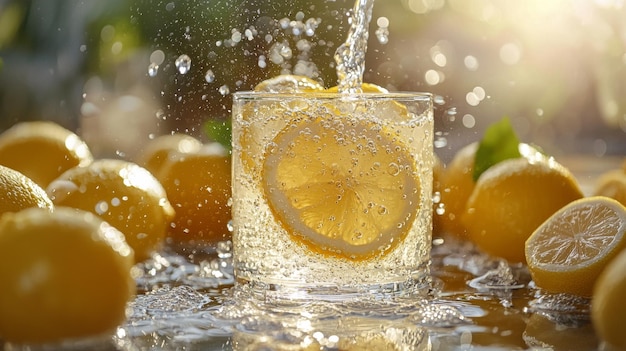 Photo refreshing lemon soda with splashing water