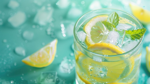 Refreshing lemonade in a glass with ice and basil on a teal background