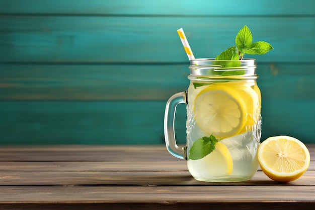 Refreshing Lemonade in Mason Jar on Rustic Wooden Table