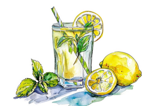 Photo refreshing lemonade with lemon slice and mint sprig cute ink watercolor illustration on white backgr