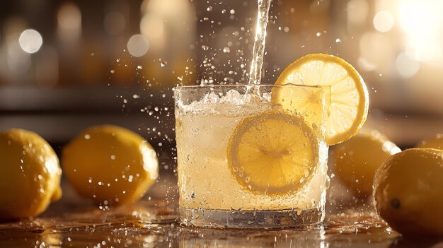 Photo refreshing lemonade with lemon slices and water splashes