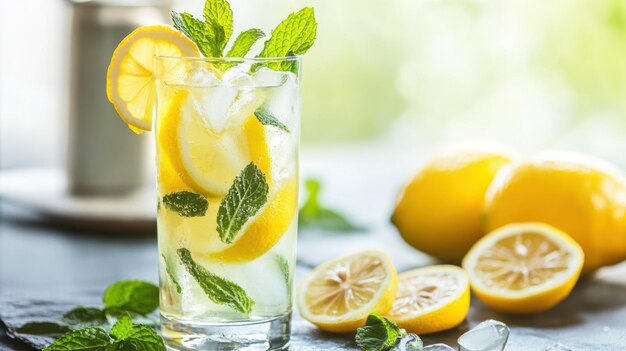 Photo a refreshing lemonade with mint leaves and lemon slices served in a tall glass with ice