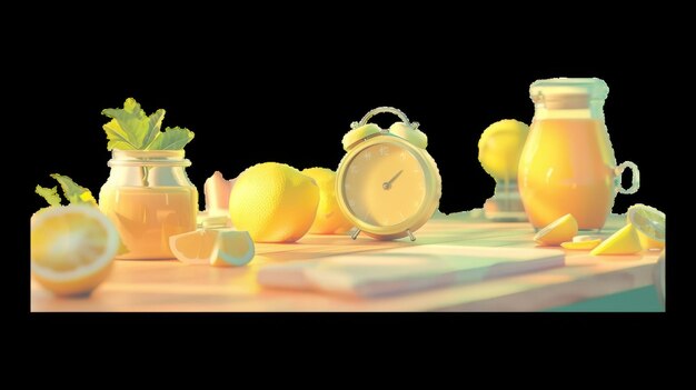 Photo refreshing lemonthemed morning setup with clock and juice