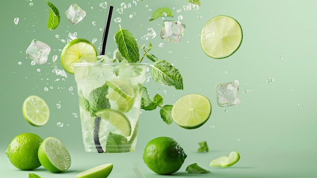 Refreshing Lime Mojito with Splashing Ice and Mint