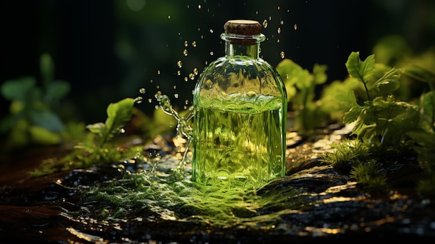 Refreshing liquid in glass bottle wet with dew and reflection