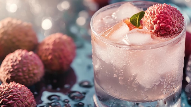 Photo refreshing lychee drink with ice cubes