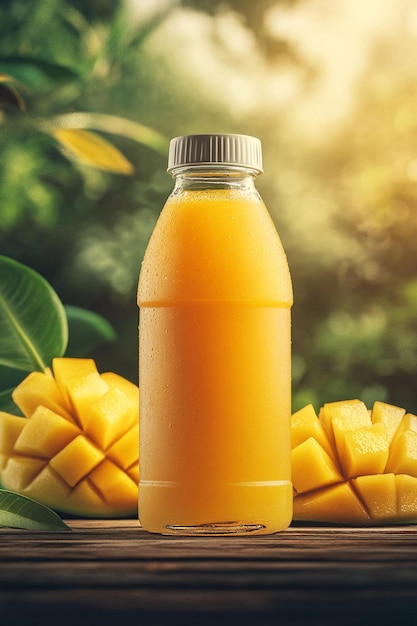 Photo refreshing mango juice with splashing fruit