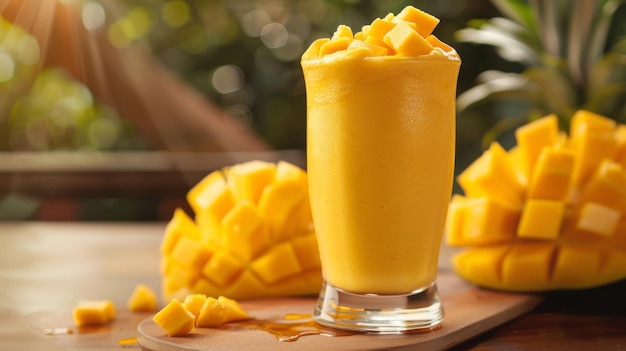 A refreshing mango smoothie in a glass placed on a wooden cutting board