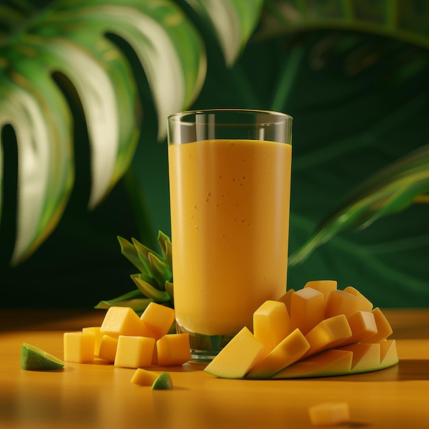 Photo a refreshing mango smoothie in a glass surrounded by diced and sliced mangoes on a wooden table with a tropical leaf backdrop