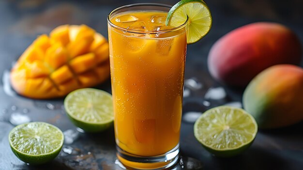 Refreshing mangolime juice served tall glass mango lime slice cut out isolated simple minimalist