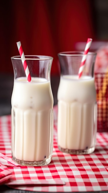 Refreshing Milk Delight Two Glasses with Red and White Straws for a Charming Sip