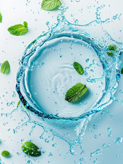 Photo refreshing mint leaves splashing in clear water abstract photography