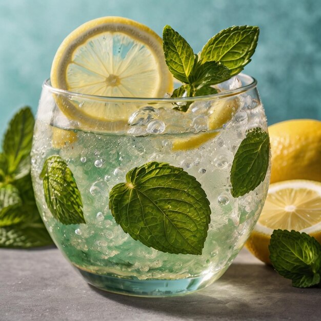 Refreshing Mint Lemon Soda with Visible Bubbles Summer Fizzy Drink