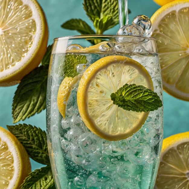 Refreshing Mint Lemon Soda with Visible Bubbles Summer Fizzy Drink