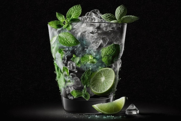 A refreshing mojito cocktail served chilled with a black background and a plastic cup