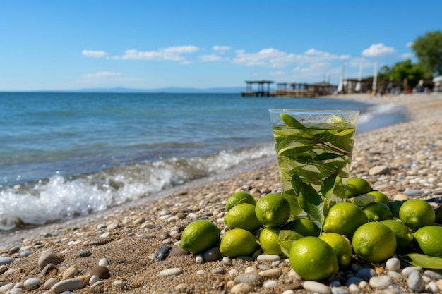 Refreshing mojito cocktail on a table at a beach bar with a scenic view of the ocean