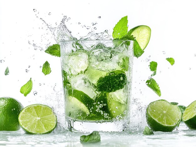 Photo refreshing mojito cocktail with ice cubes lime slices and mint leaves splashing on white background