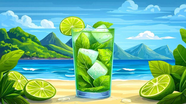 Refreshing Mojito with Lime Mint and Ice in a Glass Against a Beautiful Tropical Beach Set