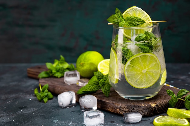 Refreshing mojito with lime, mint and ice in a glass