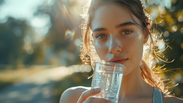 Photo refreshing moment of a young woman enjoying crisp water outdoors in the sunshine during a warm summer afternoon