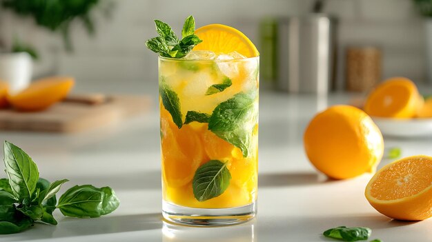 Photo refreshing orange mojito with fresh mint and ice