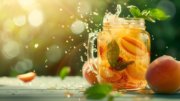 Refreshing Peach Iced Tea with Mint in a Mason Jar