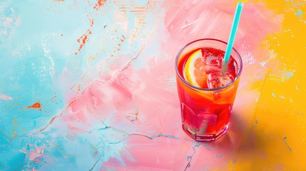 Photo refreshing pink beverage with ice lemon slice and straw set on colorful abstract background