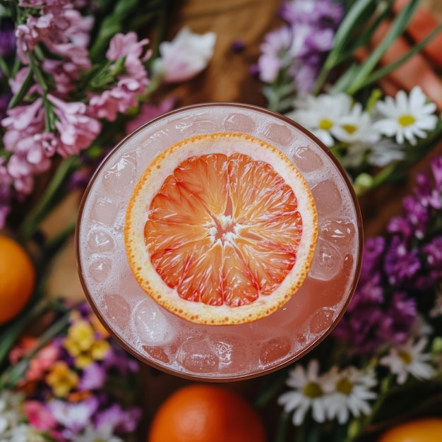 Photo a refreshing pink drink with a blood orange slice and ice surrounded by flowers