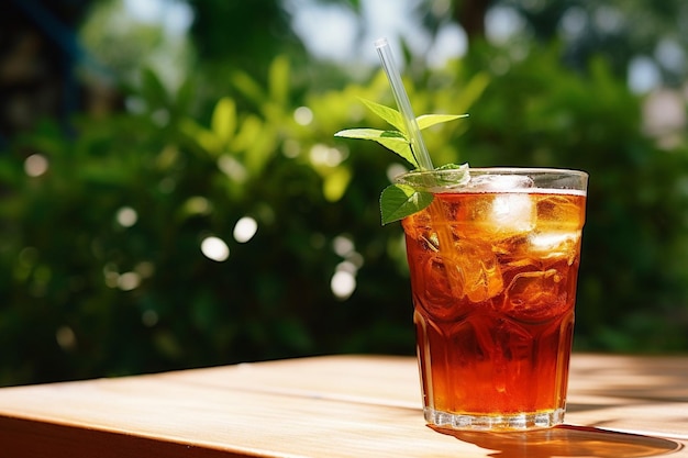 A refreshing pitcher of iced tea garnished with lemon wedges and mint sprigs