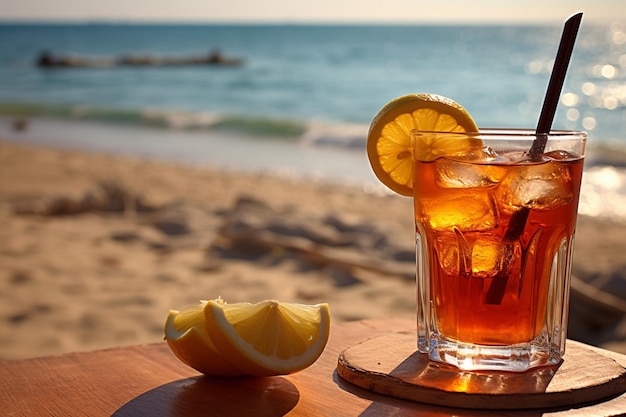 A refreshing pitcher of iced tea garnished with lemon wedges and mint sprigs