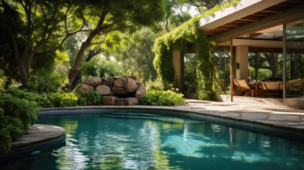 a refreshing pool surrounded by lush greenery