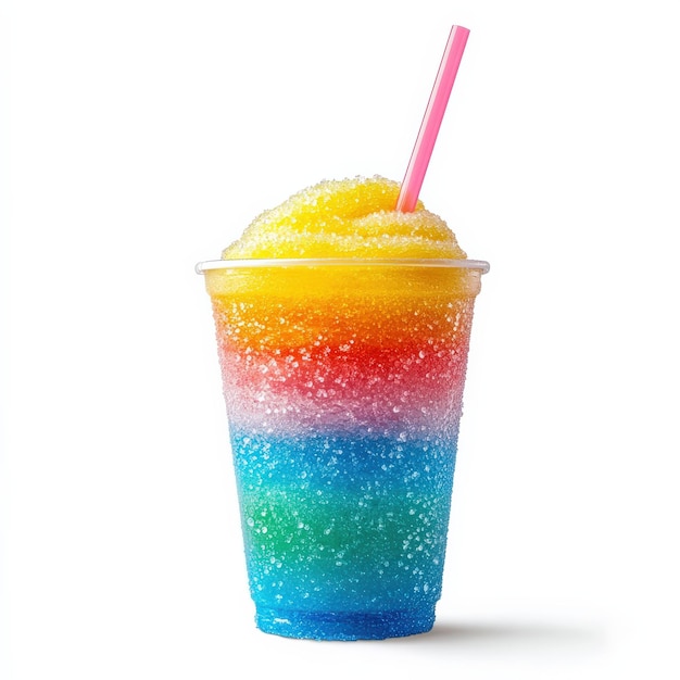 Photo a refreshing rainbow slushie with a pink straw in a clear plastic cup perfect for summer refreshment