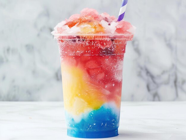 Photo a refreshing rainbowcolored slushie with a striped straw