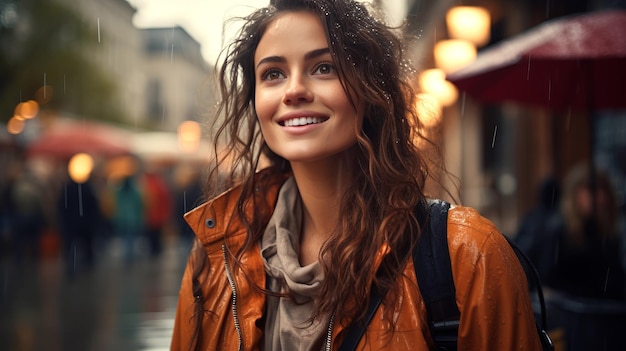 Refreshing Rainy Days Young beautiful girl enjoying spring rain