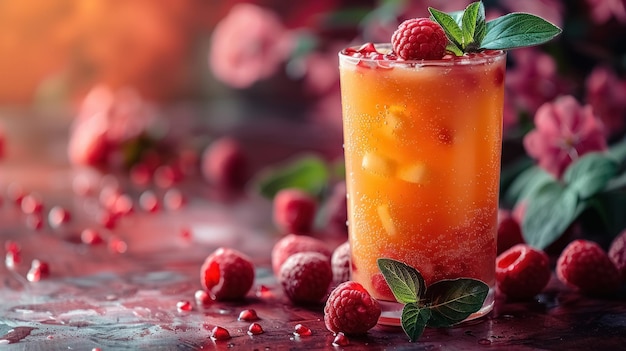 refreshing raspberry citrus cocktail on vibrant floral backdrop summer drink concept