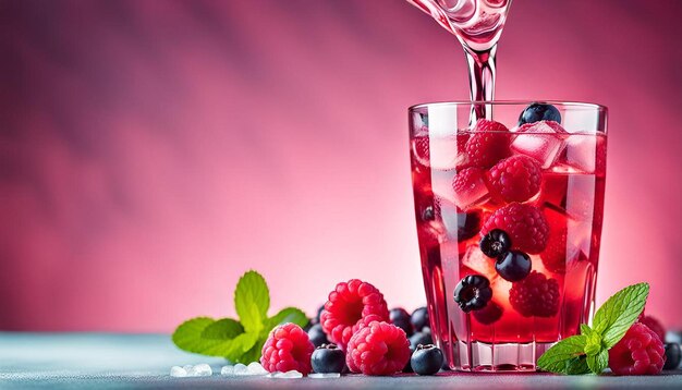 Photo refreshing raspberry drink with berries ice and mint selective focus