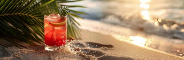 Refreshing Red Cocktail With Orange and Rosemary on Beach Sand