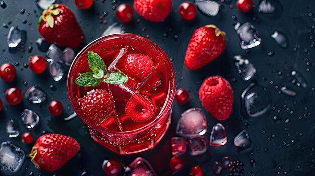 Refreshing red drink with floating berry slices and ice cubes viewed from above